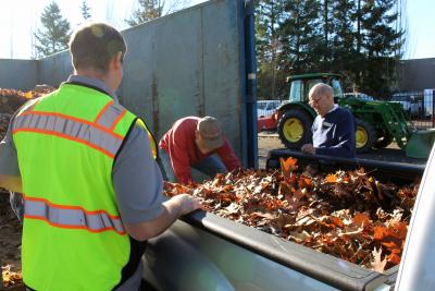 Truckbed full of leaves backed up to dumpster