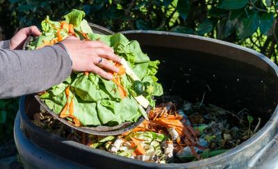 residential consumer throwing food waste into  garbage can