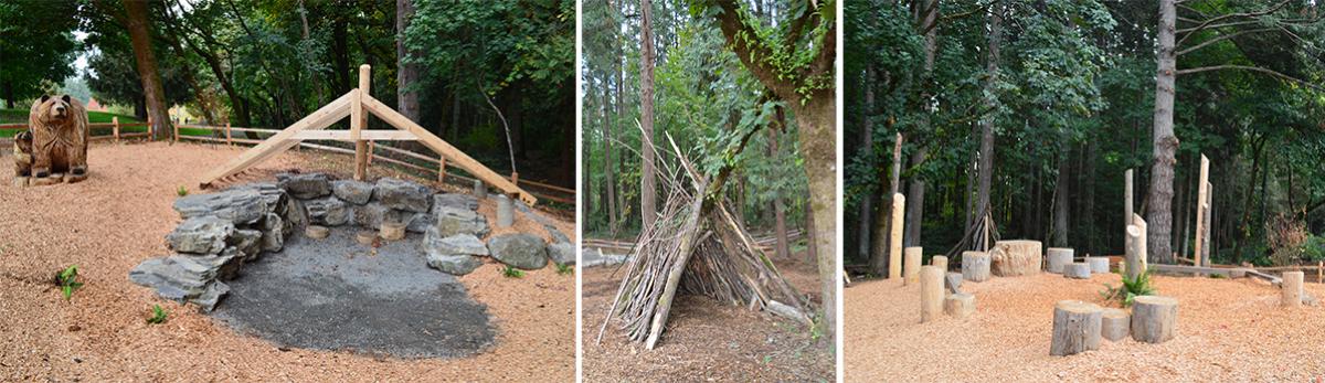 three different pictures of elements featured in the nature play area